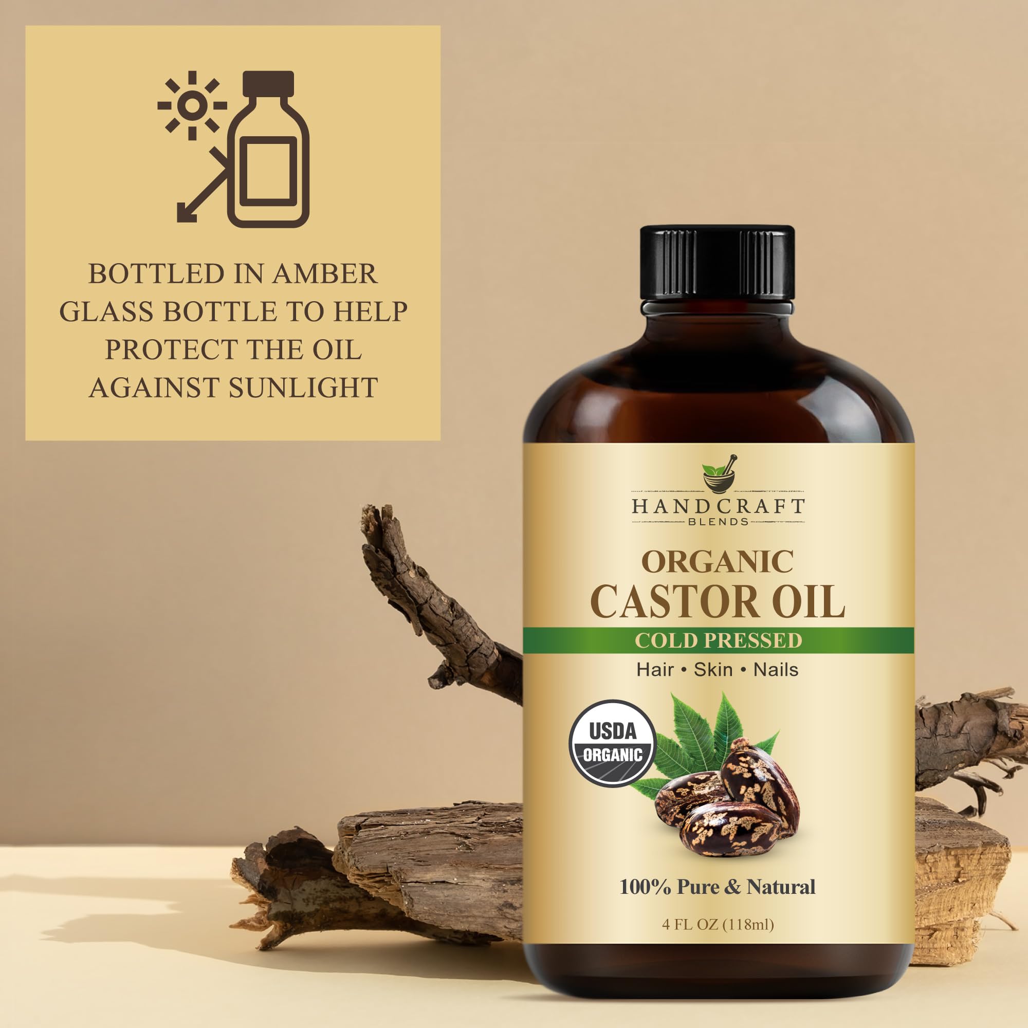 Handcraft Blends Cold-Pressed Organic Castor Oil in Glass Bottle with Lash Brushes - 4 Fl Oz - 100% Pure and Natural - Premium Grade Carrier Oil for Hair Growth, Eyelashes and Eyebrows - Hair and Body