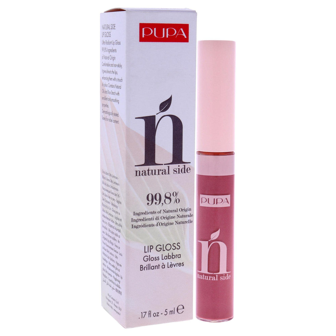 PUPA Milano Natural Side Lip Gloss - High Shine And Color Payoff - Nourishing Formula - Made With Natural Ingredients - Enriched With Oils To Moisturize The Lips - 005 Bright Rose - 0.17 OZ