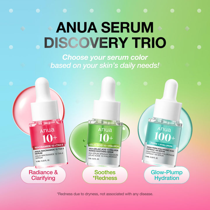 Anua Serum Discovery Trio, Mini Face Serum Travel Size Kit with Hyaluronic Acid, Niacinamide & Azelaic Acid, Hydrating Soothing Gift Set for Women, Korean Skincare Set -10ml/0.33fl.oz × 3EA