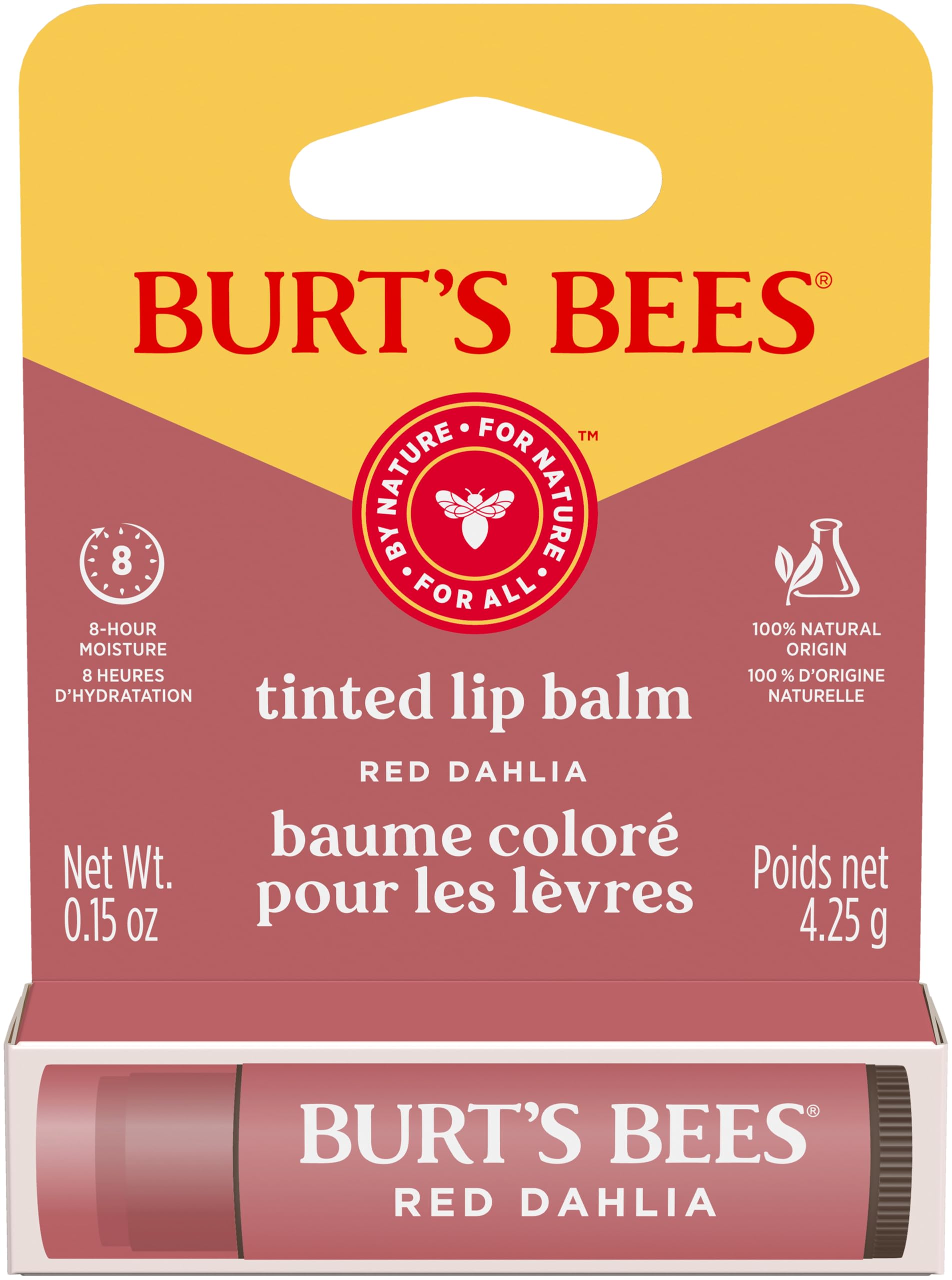 Burt's Bees Lip Tint Balm, Long Lasting 2 in 1 Duo Tinted Balm Formula, Color Infused with Hydrating Shea Butter for a Natural Looking Buildable Finish, Red Dahlia, 1 Tube