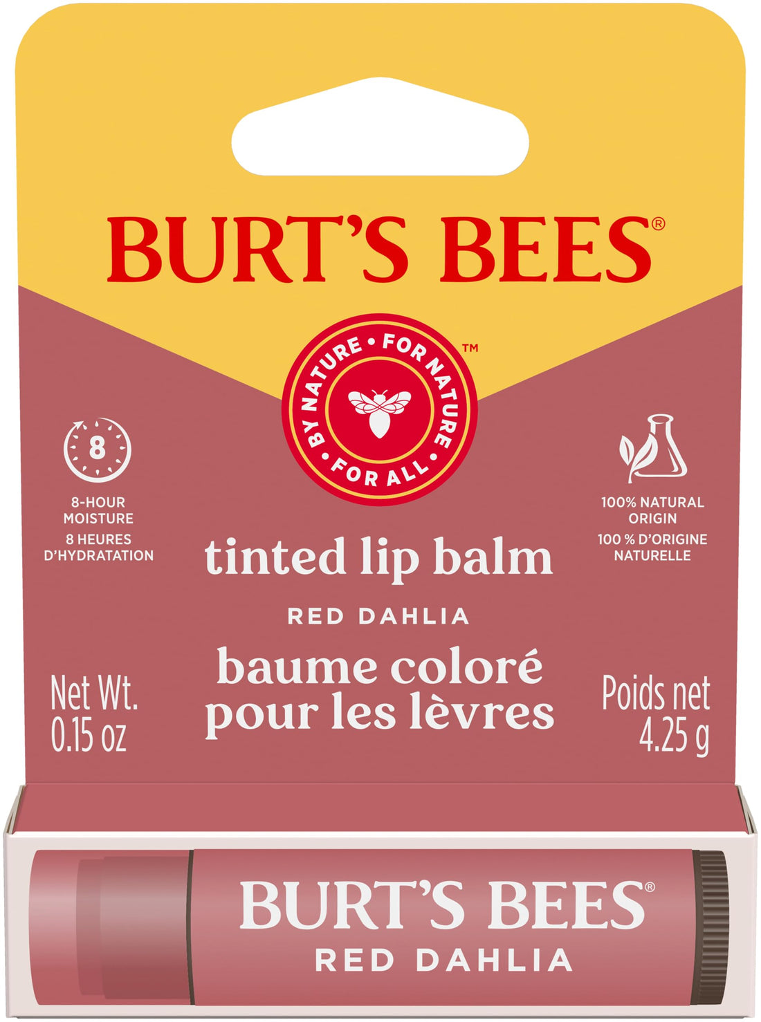 Burt's Bees Lip Tint Balm, Long Lasting 2 in 1 Duo Tinted Balm Formula, Color Infused with Hydrating Shea Butter for a Natural Looking Buildable Finish, Red Dahlia, 1 Tube