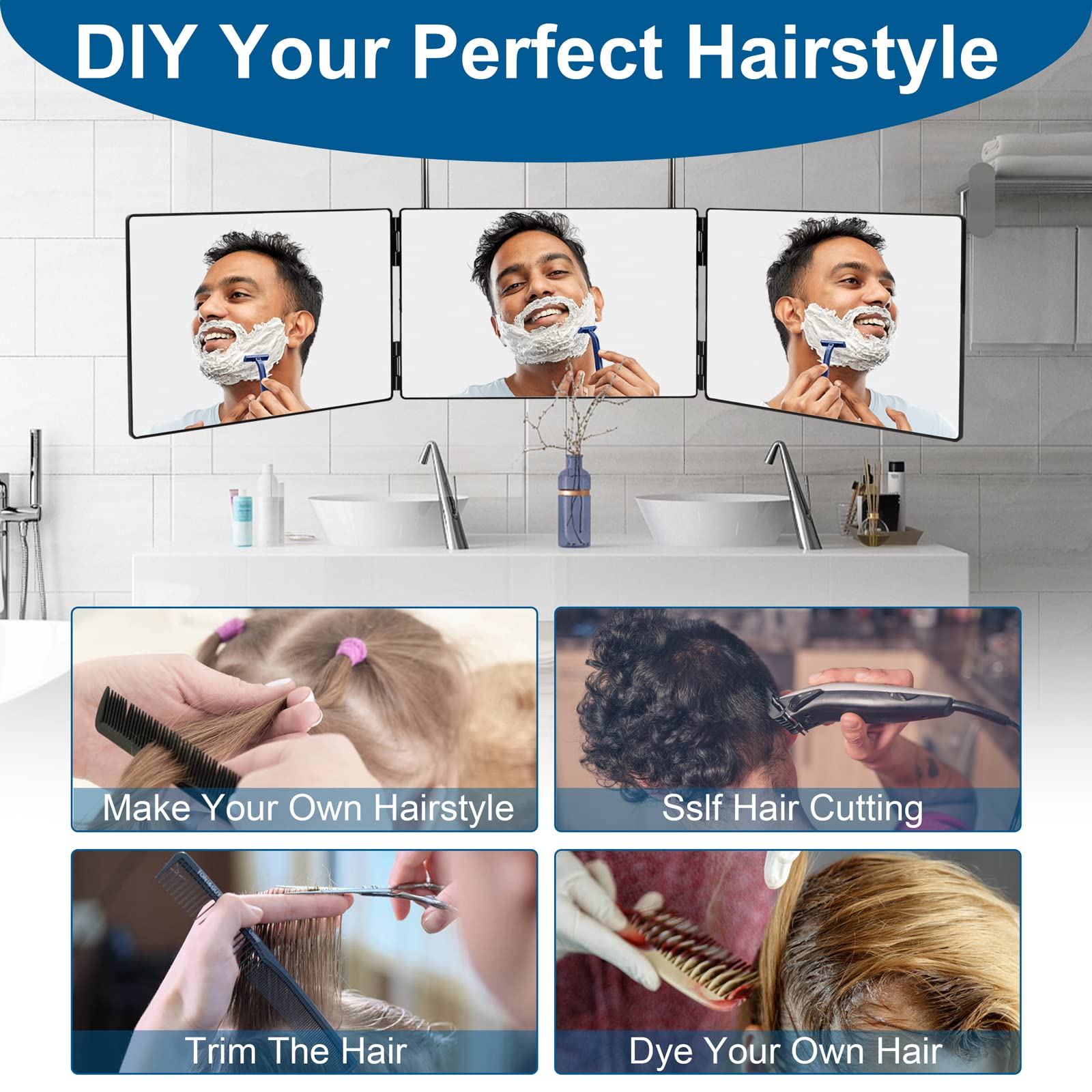 LMZNXCZ 3 Way Mirror for Self Hair Cutting,360 Haircuts Men for Barber Use Tools,to See Back of Head,Tri Fold Mirror with Portable Height Adjustable Telescoping Hooks