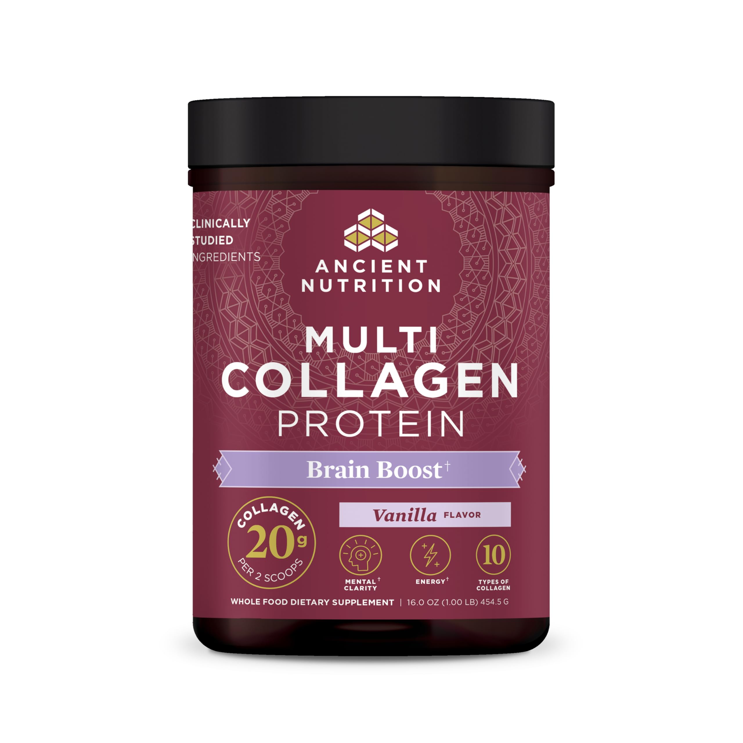 Ancient Nutrition Collagen Powder Brain Boost, Vanilla Collagen Protein Powder, Brain Supplement for Stress Management and Reduced Joint Discomfort (45 Serving)