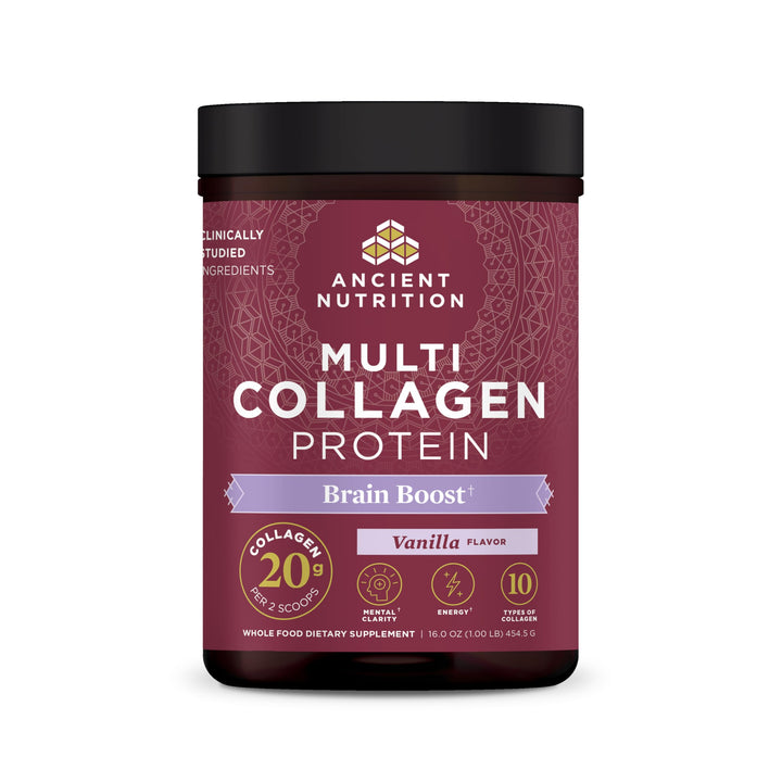 Ancient Nutrition Collagen Powder Brain Boost, Vanilla Collagen Protein Powder, Brain Supplement for Stress Management and Reduced Joint Discomfort (45 Serving)