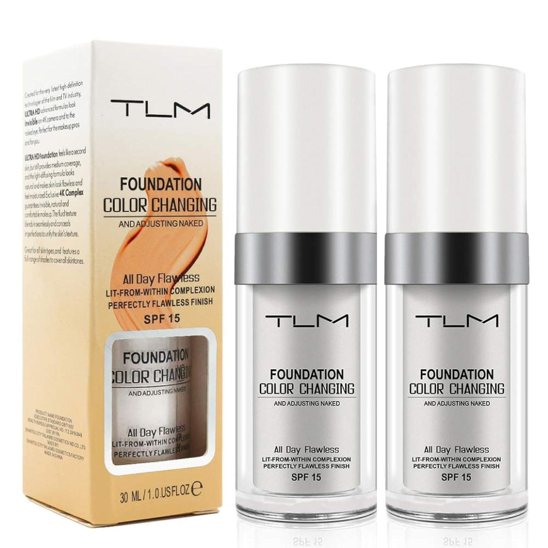 TLM Foundation Cream, Colour Changing Liquid Foundation Hides Wrinkles & Lines, BB Cream Makeup Base Concealer Cover Moisturizing Fluid for all Skin Tone SPF15, 2 Pack