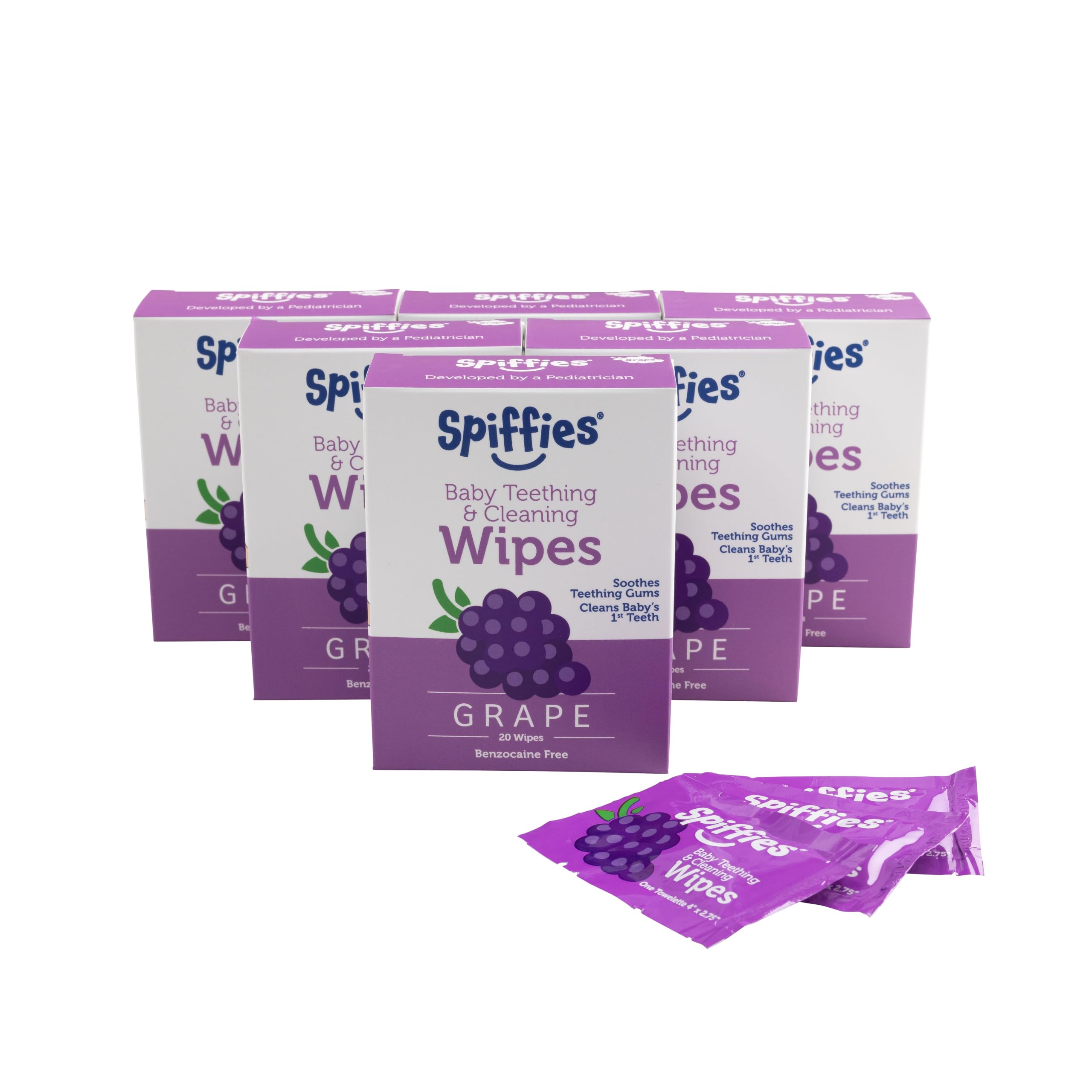 Spiffies Baby Teeth Wipes - Grape Flavor, Xylitol-Enriched Baby Gum Cleaner & Dental Wipes for Teething Relief and Teeth Cleaning - Safe for Infants & Toddlers, 20 Count (Pack of 6)