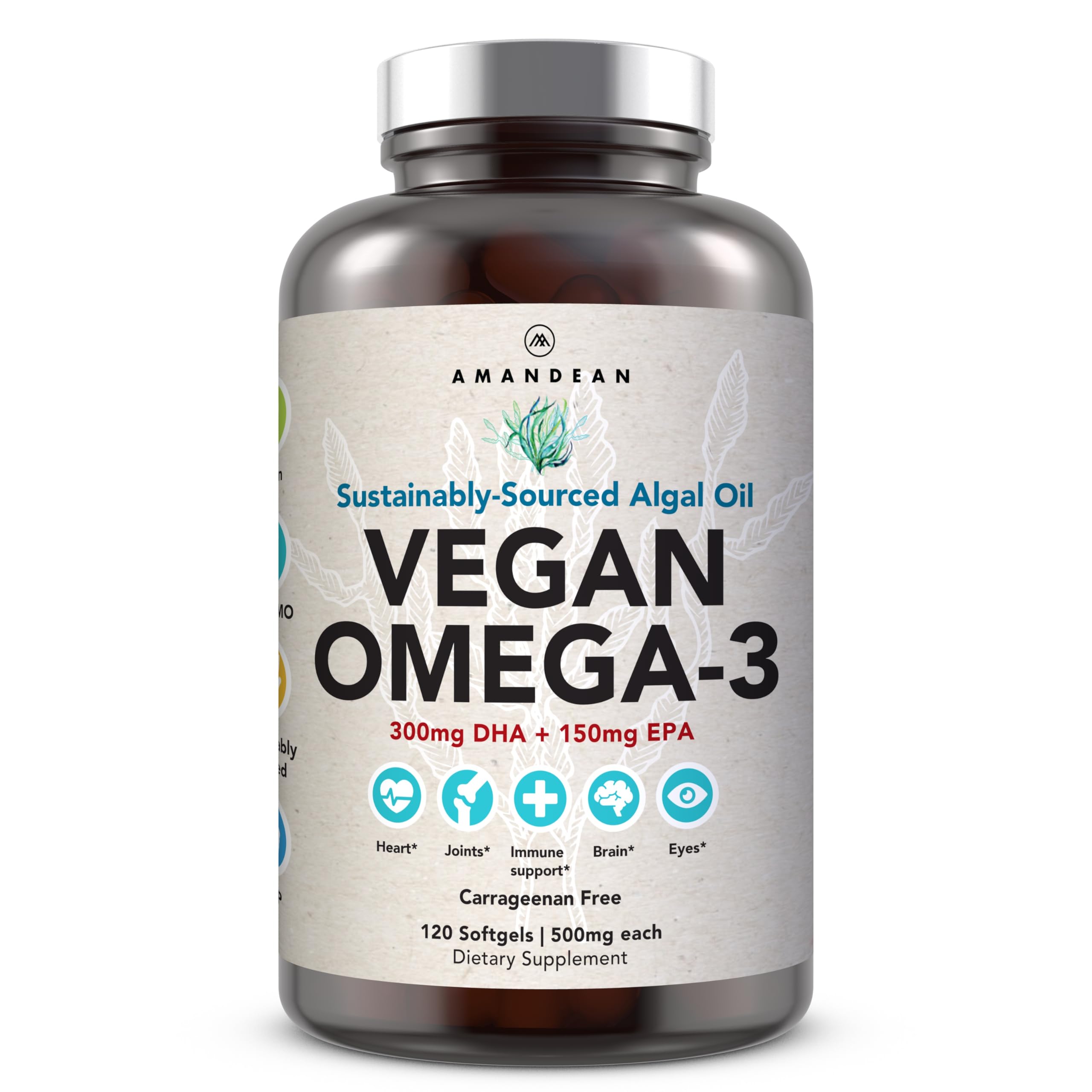 AMANDEAN Vegan Omega 3 Supplement. Premium Fish Oil Alternative. Algae DHA & EPA. Carrageenan Free Softgels. Algal Essential Fatty Acids. Plant Based Heart, Brain, Eye, Skin, Immune Support. (120ct)
