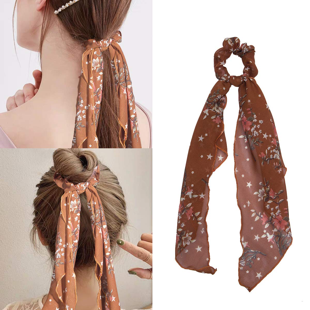 Silk Satin Hair Scrunchies, Hair Scarf with Bow Silk Elastic Hair Bands, Solid Colors Hair Scarf for Ponytail Holder (6 Pcs Solid Colors-B)