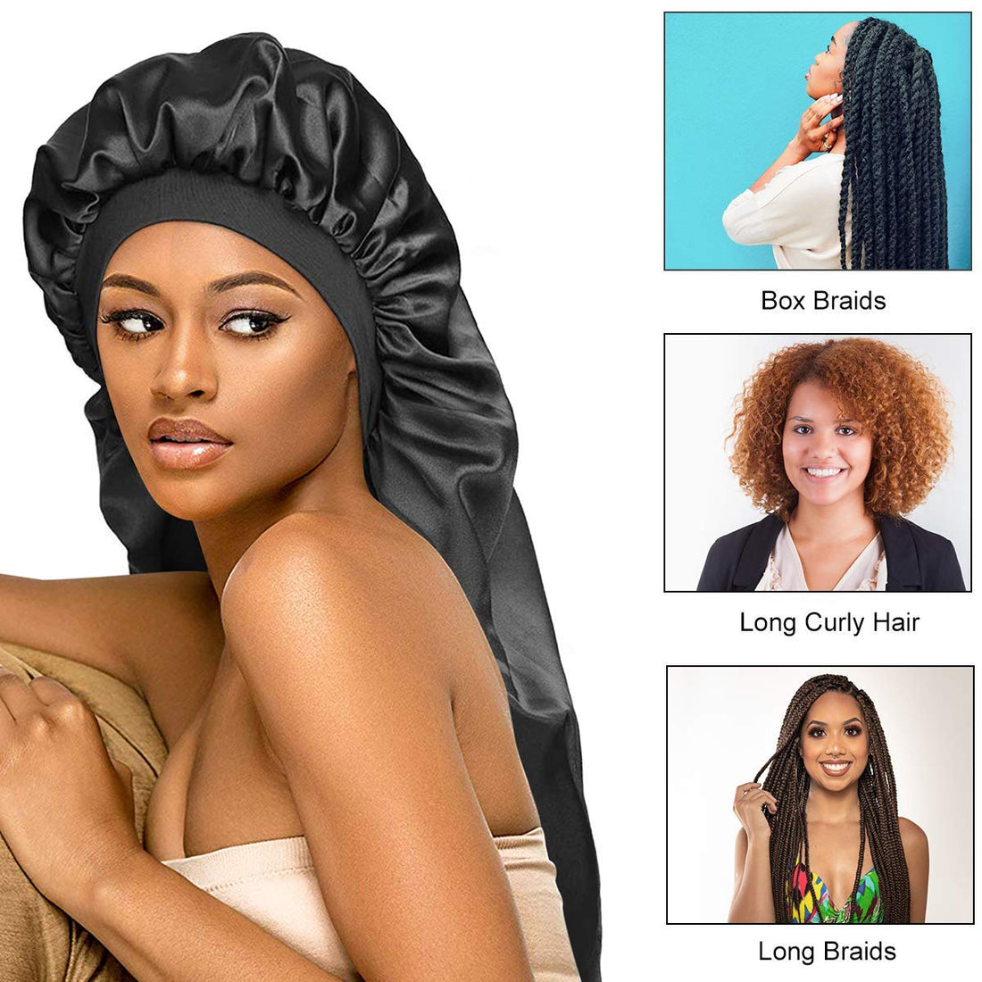 Long Satin Bonnet Sleep Cap Extra Large Silk Sleeping Cap with Wide Elastic Band Loose Night Hat for Women Braids,Curly Hair,Natural Hair,Very Soft & Comfortable (Black)