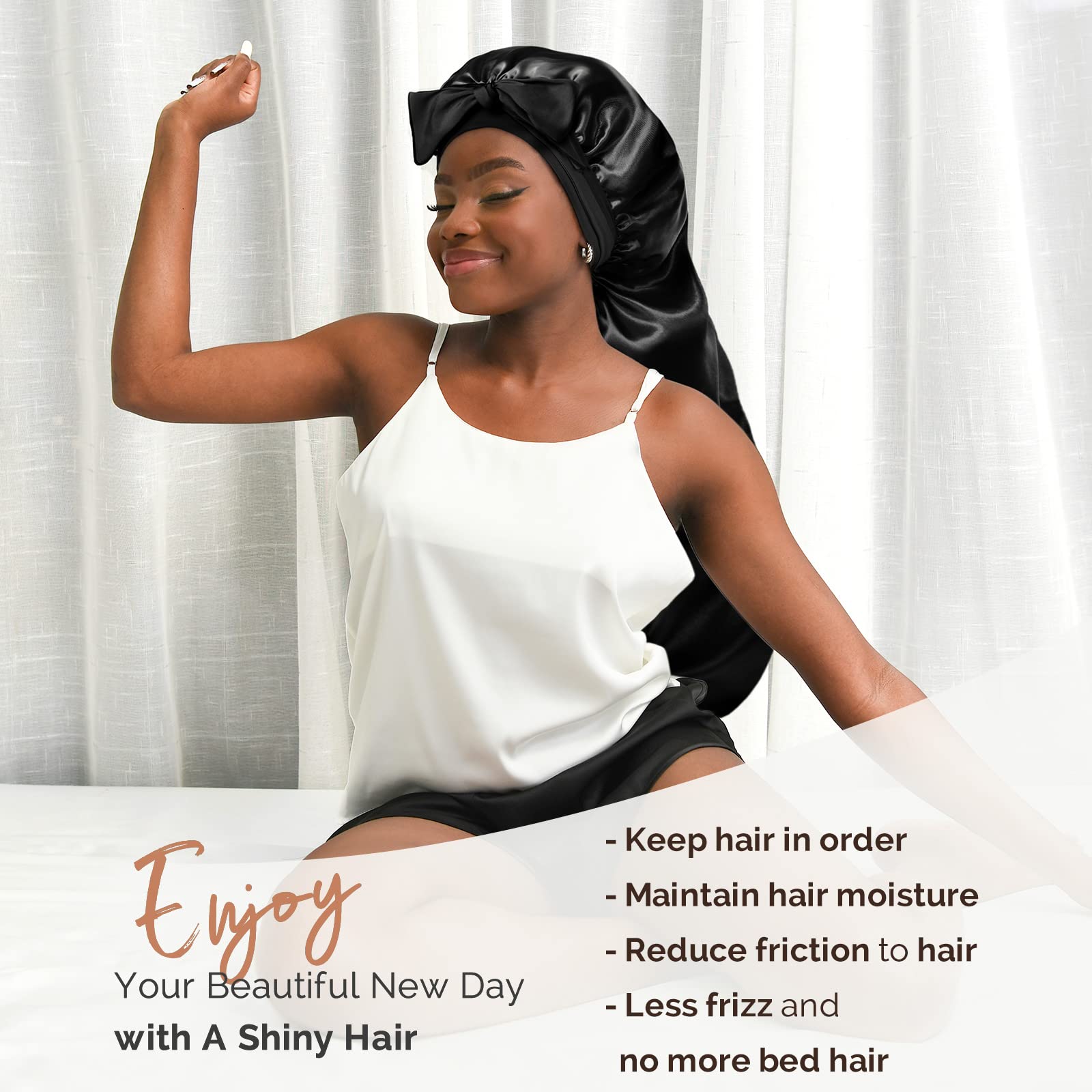 YANIBEST Long Bonnet Satin Bonnet for Sleeping Braid Bonnet with Tie Band Silk Sleep Bonnet for Women Locs Black