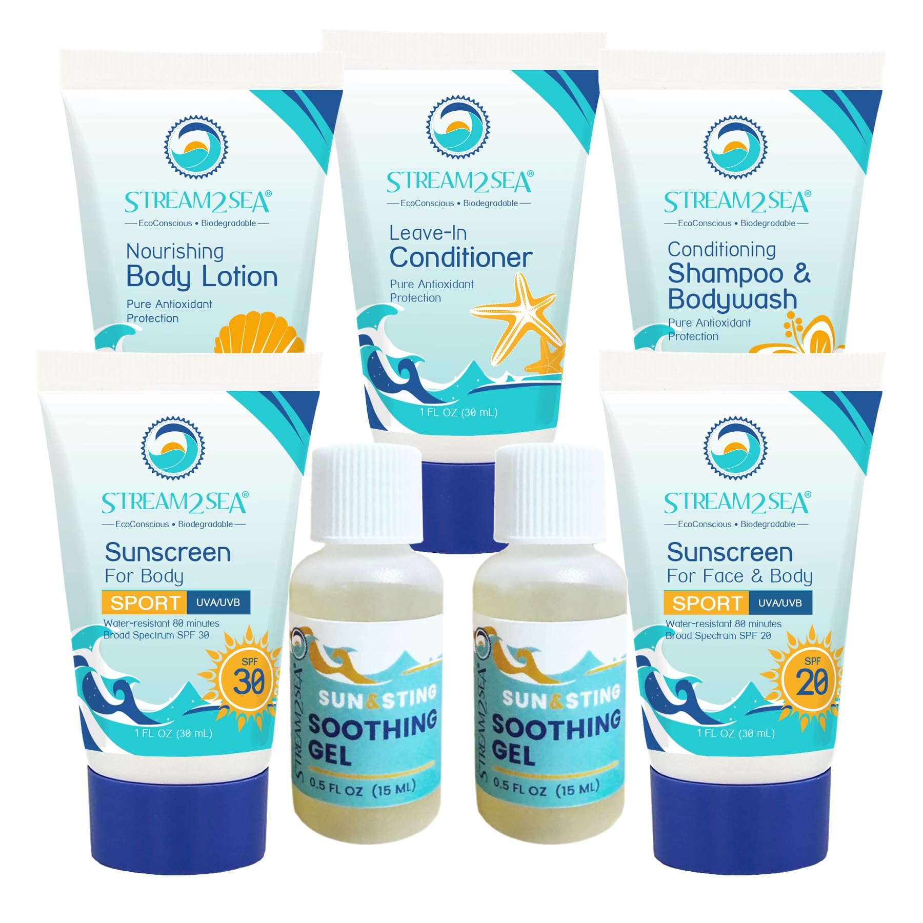 Stream2Sea Stream2Sea 6-Pack Natural Travel Sized Toiletries, 1oz Sample Size Shampoo, Conditioner, Lotion, Mineral Sunscreen SPF 20 and SPF 30 and After Sun Gel