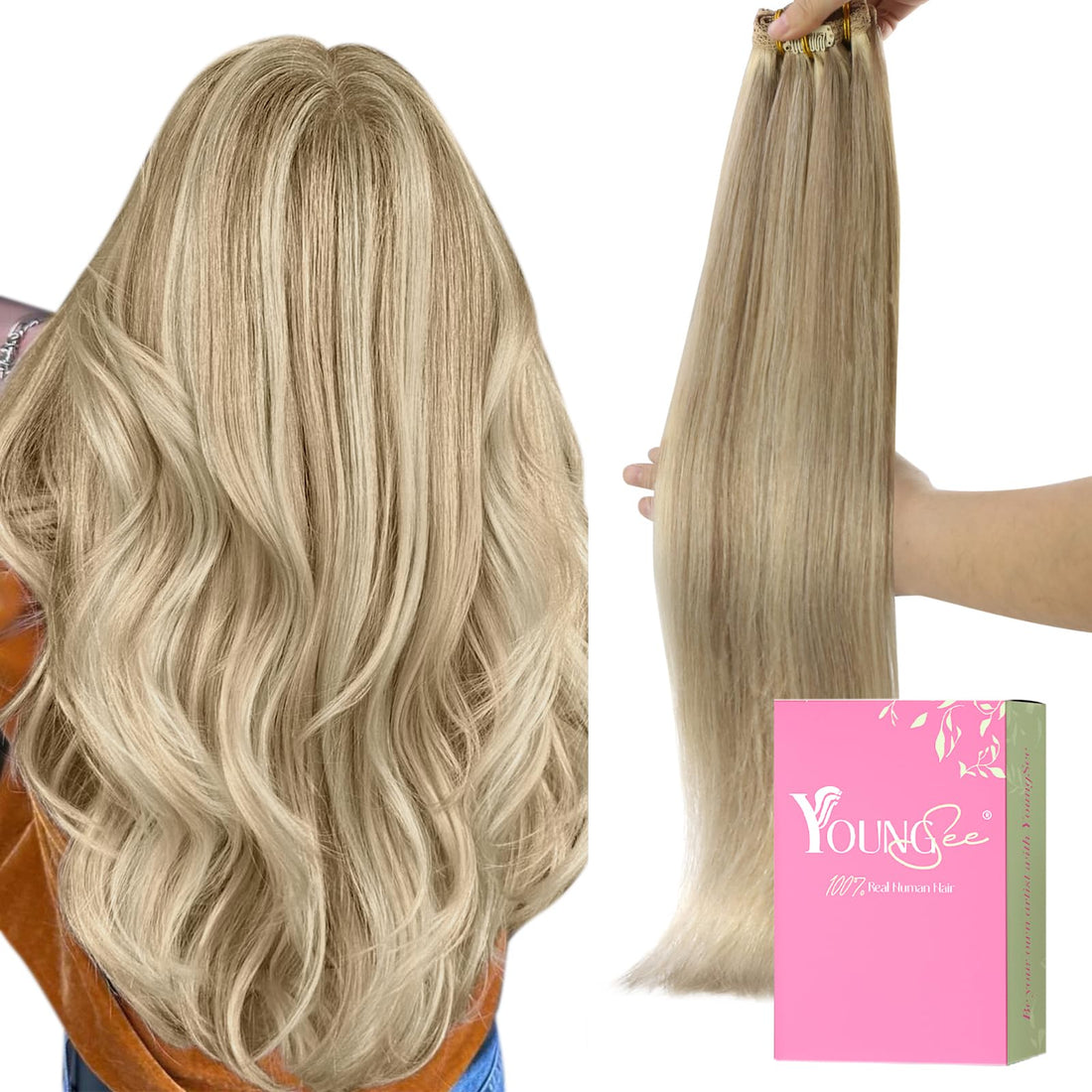 YoungSee 22inch Dark Ash Blonde with Golden Blonde Hair Extensions Clip in 100% Real Hair Full Head Clip Remy Human Hair Extensions 7pcs/120gram
