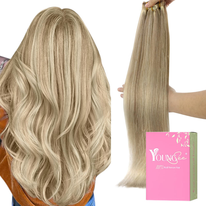 YoungSee 22inch Dark Ash Blonde with Golden Blonde Hair Extensions Clip in 100% Real Hair Full Head Clip Remy Human Hair Extensions 7pcs/120gram
