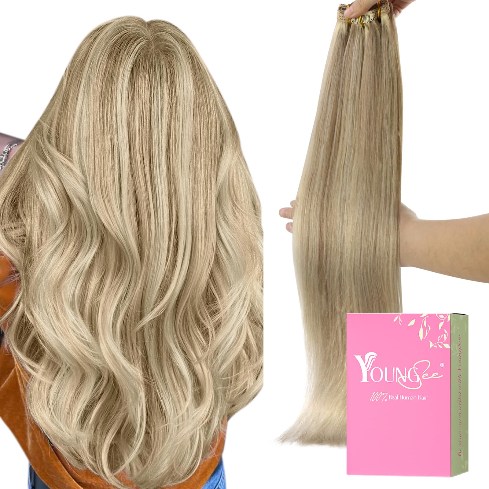 YoungSee Blonde Clip in Hair Extensions Human Hair Double Weft Clip in Human Hair Extensions Highlighted Dark Ash Blonde with Golden Blonde Remy Clip Extensions 7 Pieces 100g 14 inch