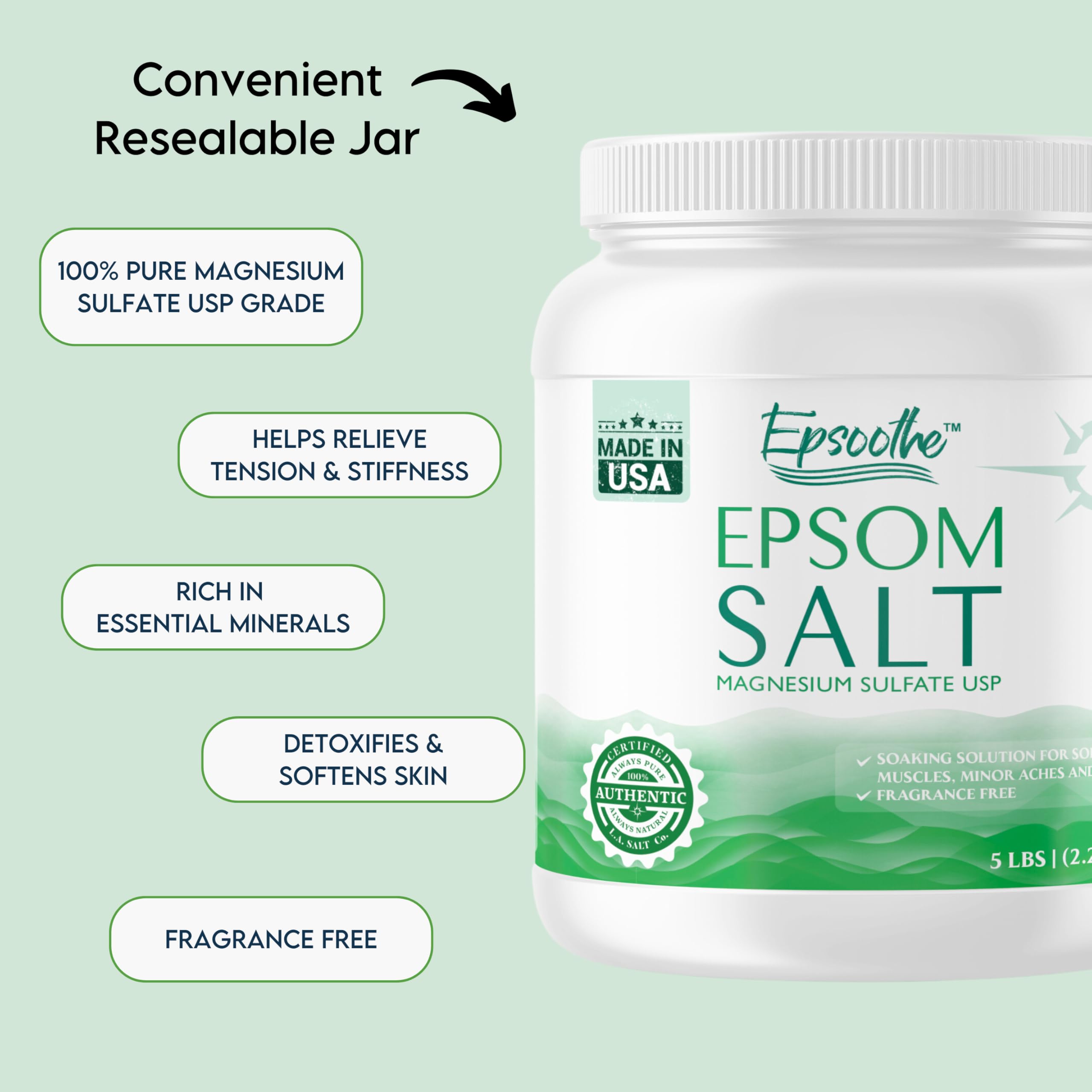 Epsoothe 5 Lbs Jar Epsom Salt Bath & Foot Soak and Scrub | Pure & Natural Magnesium Sulfate USP | Soothes Muscles & Joints, Enhances Well-Being