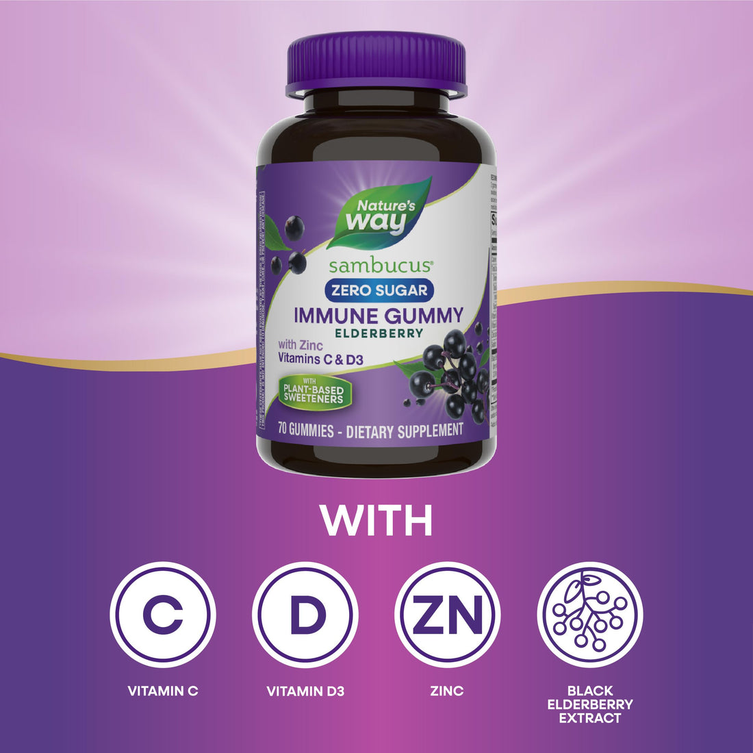 Nature’s Way Sambucus Zero Sugar Immune Gummies, Daily Immune Support*, Black Elderberry Extract, Vitamin C, Vitamin D3, Zinc, Sugar Free, Sugar Alcohol Free, Plant-Based Sweeteners, 70 Gummies
