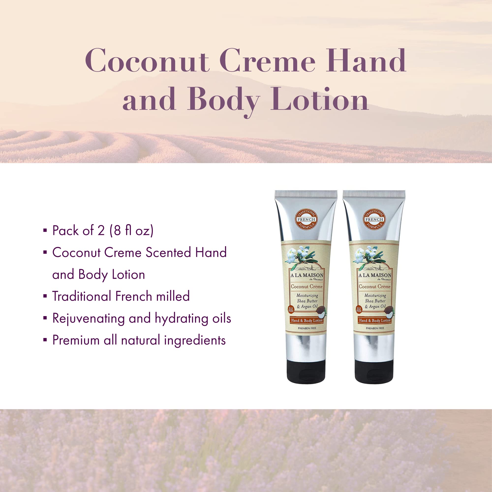 A LA MAISON Moisturizing Lotion, Coconut Creme - Uses: Hand and Body, Argan Oil, Pure Shea Butter, Essential Oils, Plant Based, Cruelty-Free, SLS and Paraben Free