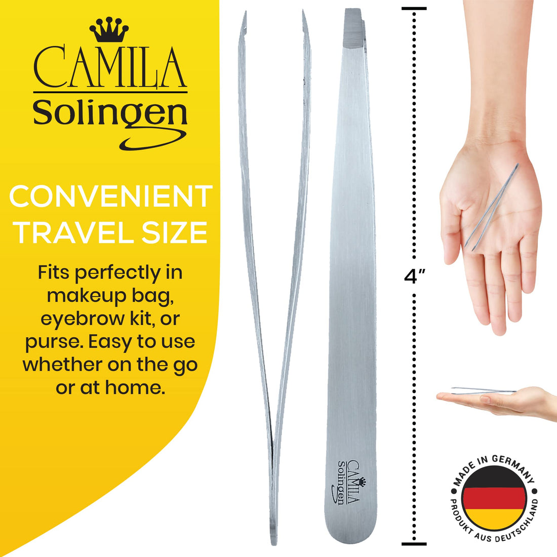 Camila Solingen CS26 4 Professional Surgical Grade Stainless Steel Precision Tip Eyebrow Tweezers for Facial Hair Shaping & Removal. Beauty Tool for Men/Women. Made in Solingen Germany (Straight)