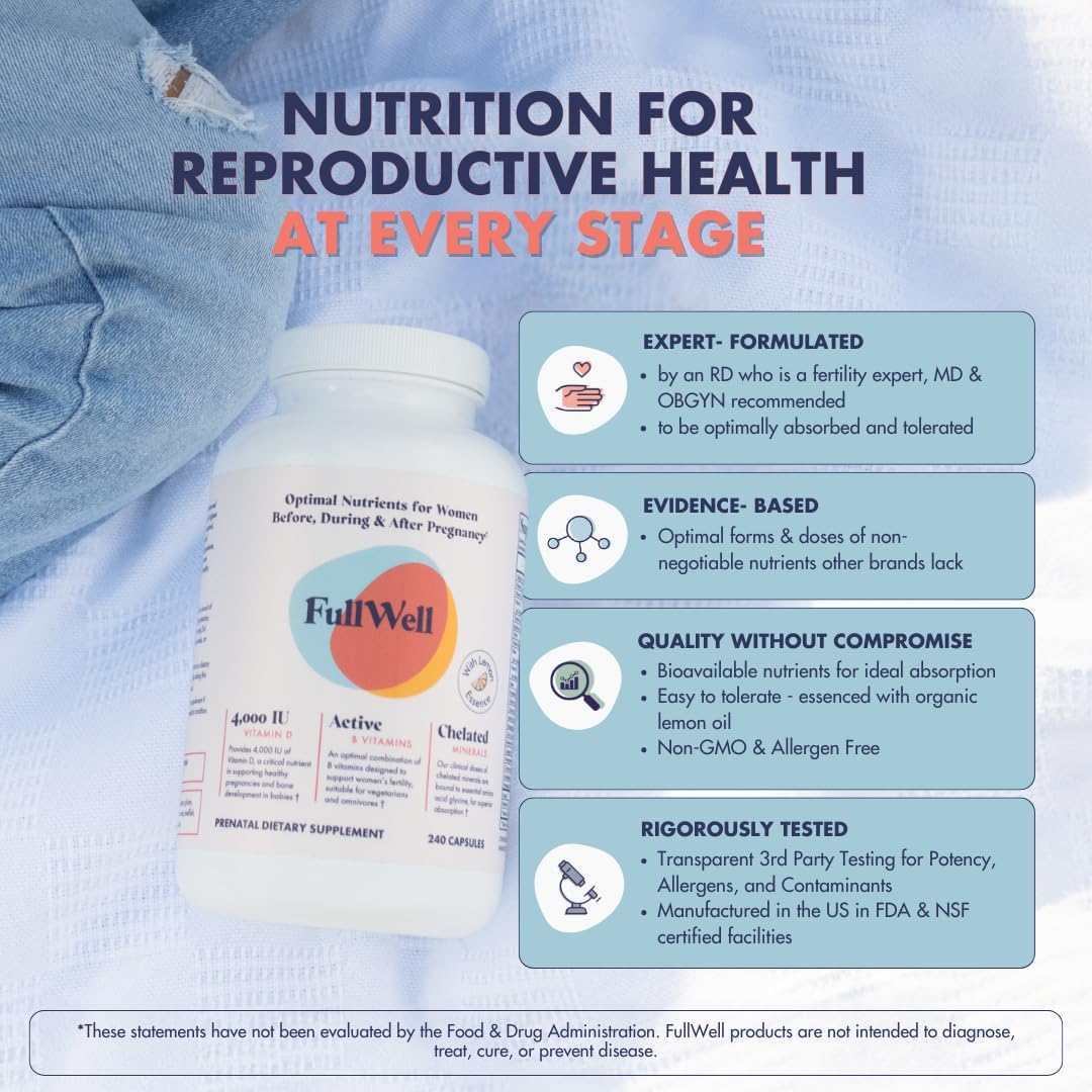 FullWell Prenatal Vitamins Lemon | choline, folate, vitamin D for fetal growth, brain development | 26 Vital Nutrients | Dietitian-formulated, OBGYN recommended, non-GMO, 3rd Party tested, 60 Servings