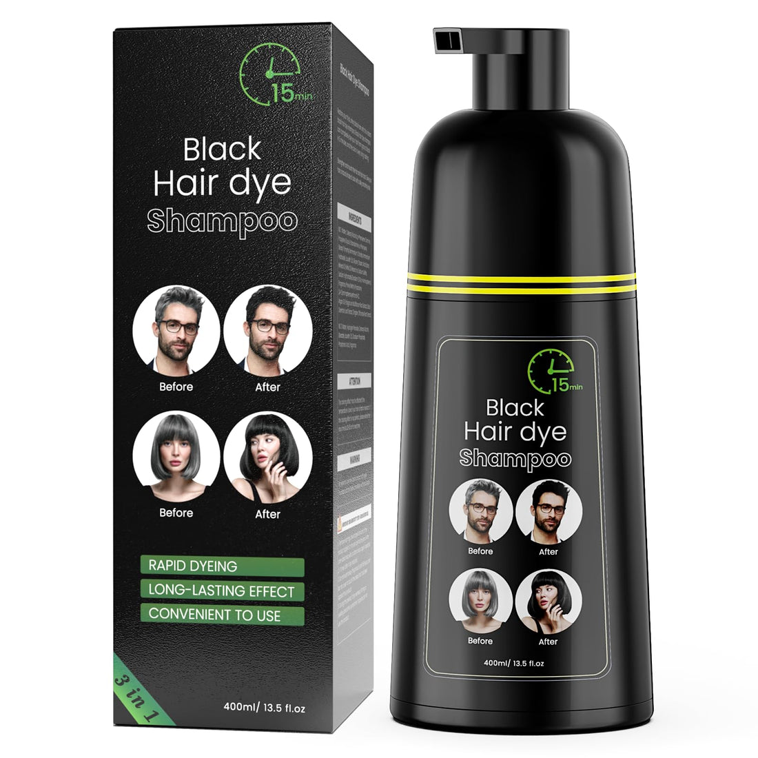 Black Hair Dye Shampoo, Semi-Permanent Hair Color Shampoo for Women and Men, Herbal Ingredients and No Ammonia, 3 in 1-100% Grey Coverage 400ml/ 13.5 fl.oz