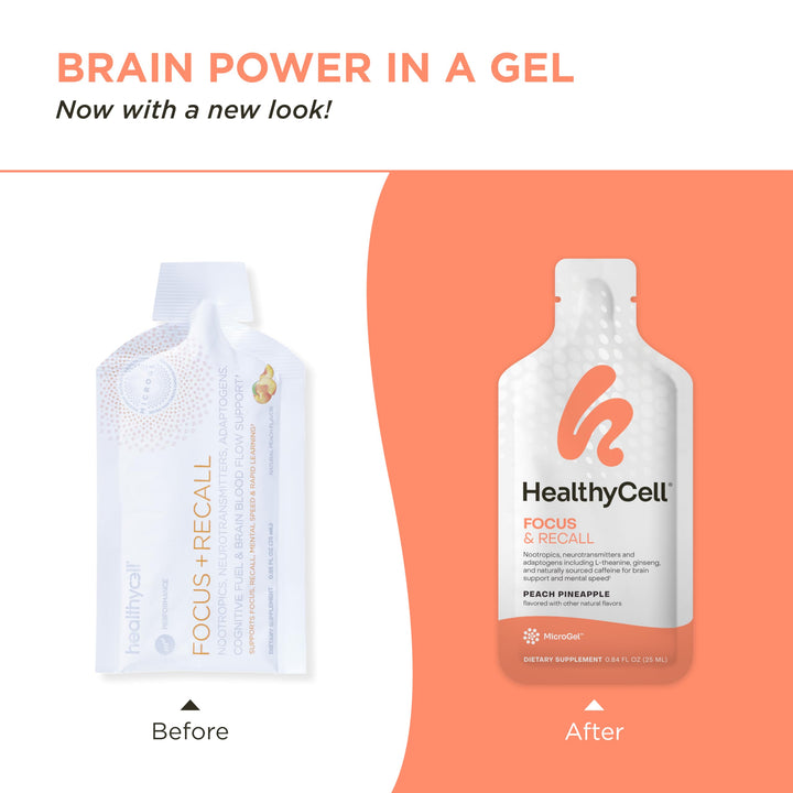 Healthycell Focus & Recall - Brain Supplement for Focus and Memory - Liquid Nootropics Supplement for Concentration & Alertness - L-theanine, Omega-3 - Maximum Absorption - 30 Gel Packs