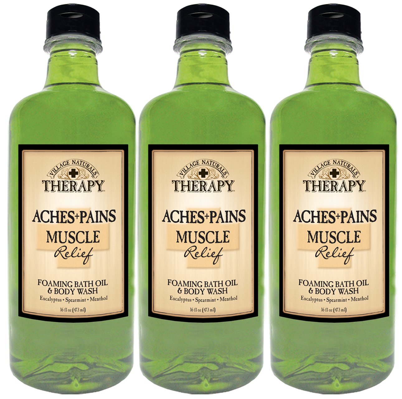 Village Naturals Therapy Aches and Pains Muscle Relief Foaming Bath Oil and Body Wash 16oz (3-pack)
