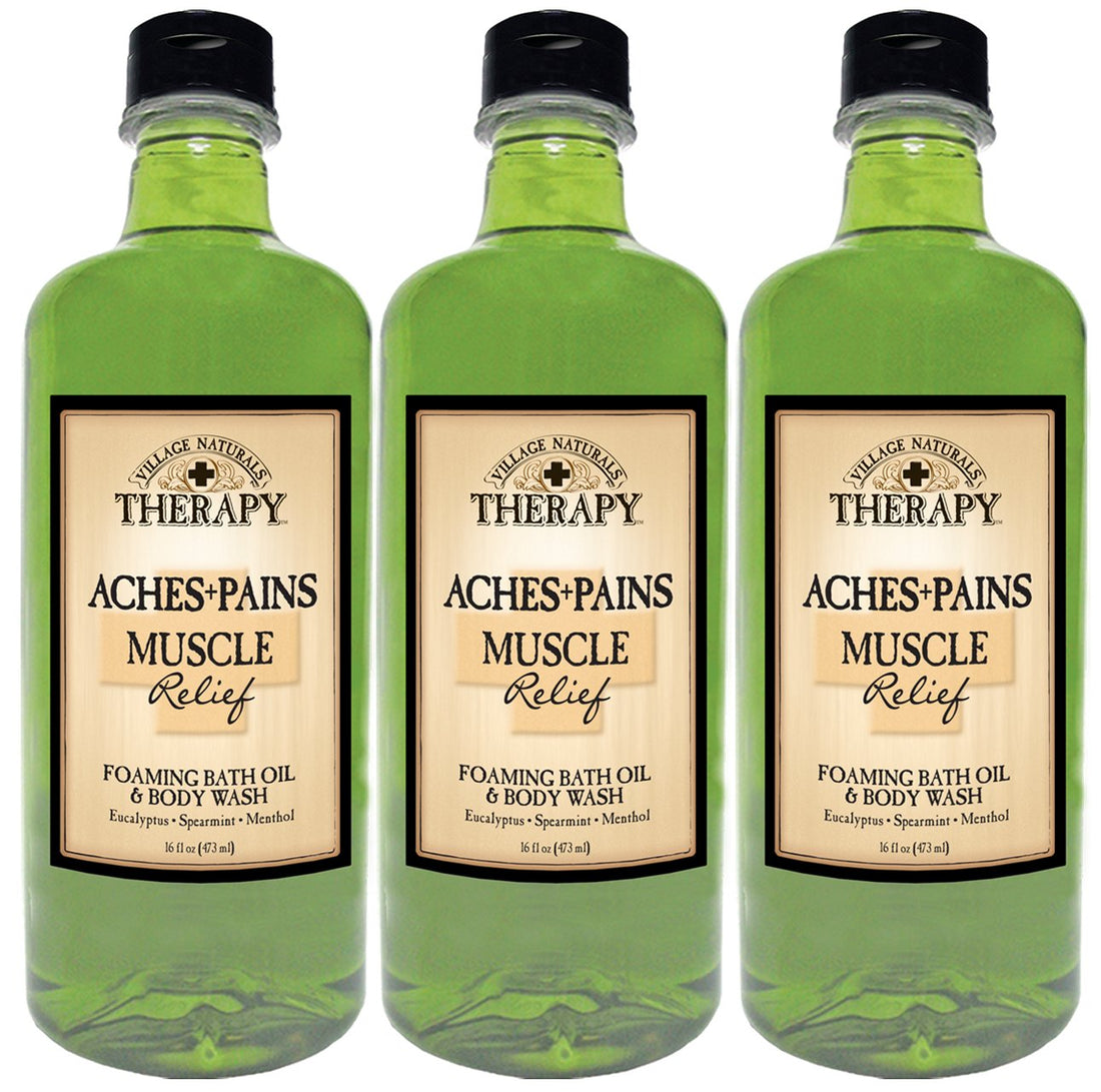 Village Naturals Therapy Aches and Pains Muscle Relief Foaming Bath Oil and Body Wash 16oz (3-pack)