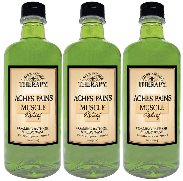 Village Naturals Therapy Aches and Pains Muscle Relief Foaming Bath Oil and Body Wash 16oz (3-pack)