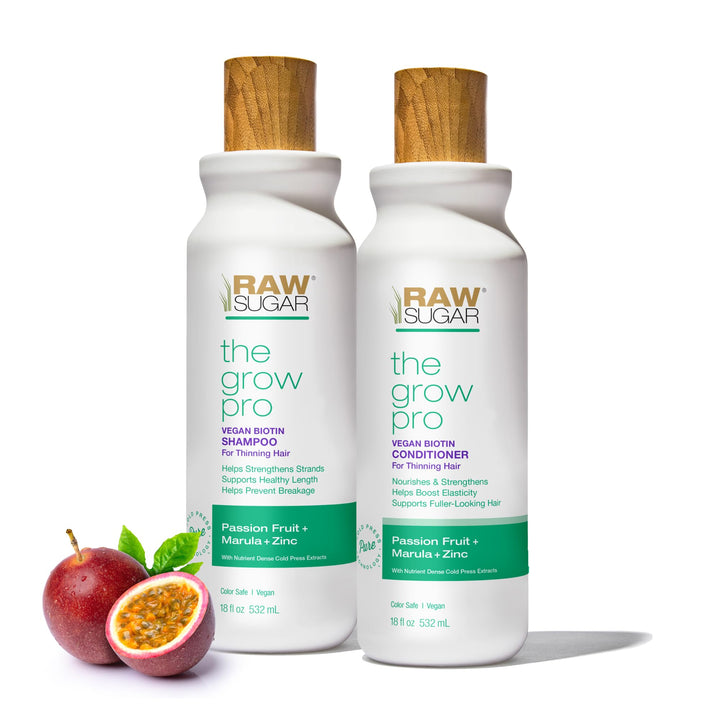 Raw Sugar Grow Pro Hair Care Bundle- Shampoo & Conditioner with Vegan Biotin for Anti-Thinning & Pro-Lengthening, Passion Fruit & Marula for Fuller Hair, Formulated without Sulfates + Parabens