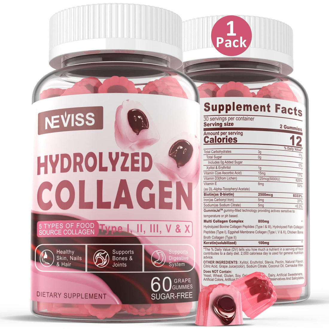 Hydrolyzed Collagen Peptides Gummies 800mg, Sugar Free Multi Peptides Type I II III V & X, Plus Biotin, Keratin & Vitamin for Women Men Healthy Skin Hair Nails, Bone & Joint Support 1 Pack