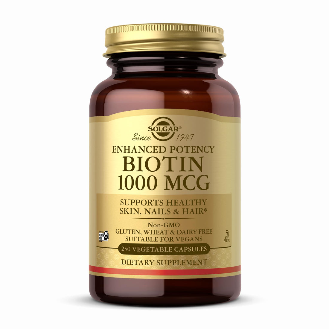 Solgar Biotin 1000 mcg - 250 Vegetable Capsules - Supports Healthy Skin, Nails & Hair - Non-GMO, Vegan, Gluten Free, Dairy Free, Kosher - 250 Servings