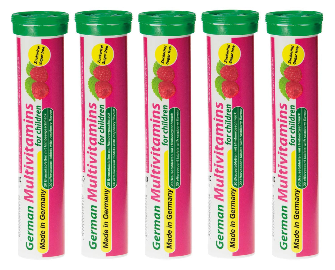 T&D German Multvitamin for Children 8 Vitamins - 100 Vegan Drink Effervescent Tablets - Raspberry Flavor - Made in Germany
