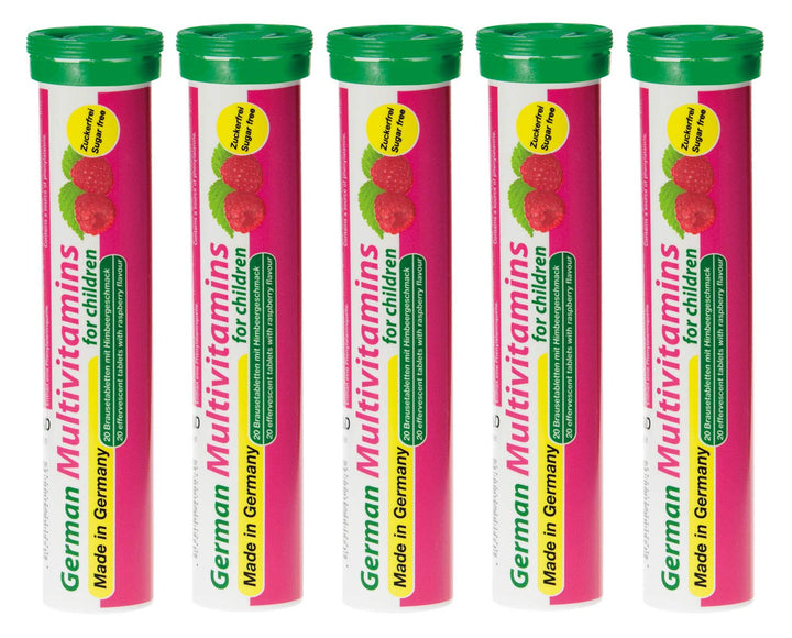 T&D German Multvitamin for Children 8 Vitamins - 100 Vegan Drink Effervescent Tablets - Raspberry Flavor - Made in Germany