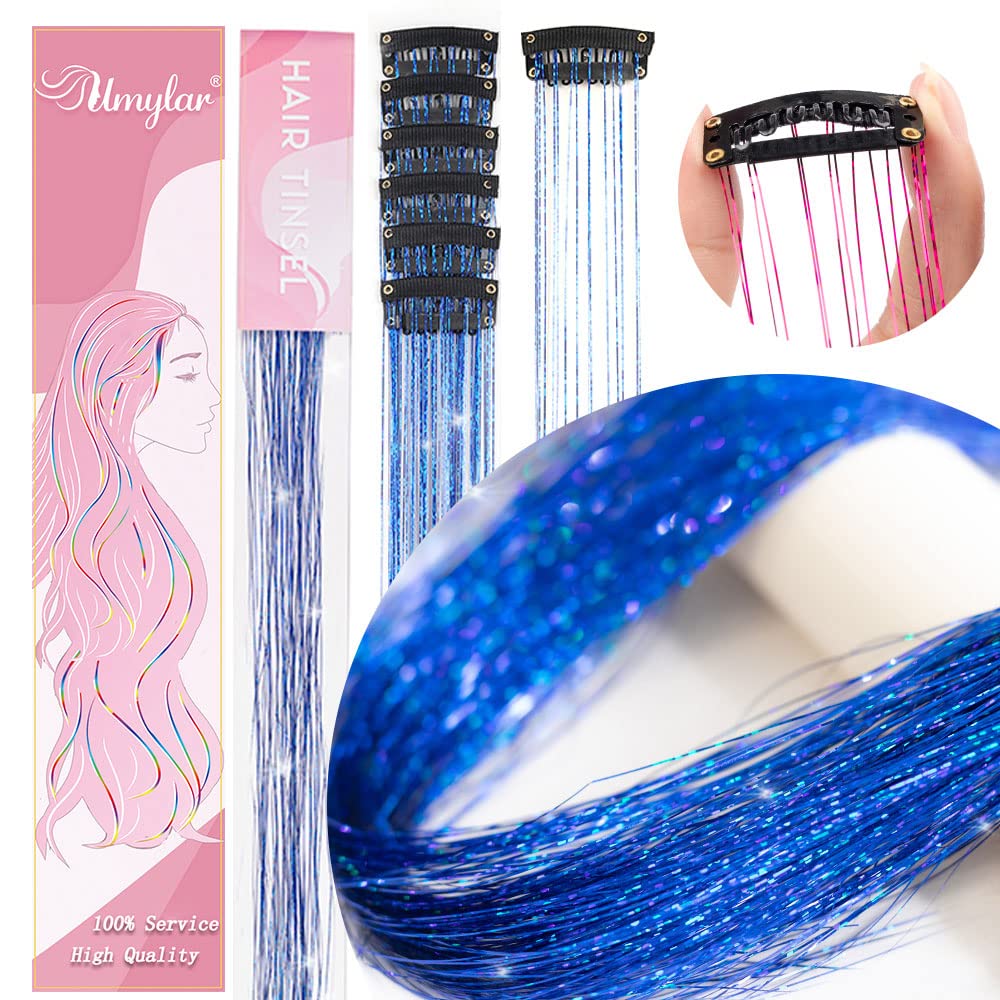 Hair Tinsel Pack of 12 Pcs Clip in Hair Tinsel 20 Inch Glitter Blue Tinsel Hair Extensions, Festival Tinsel Fairy Hair Party Dazzle Hair Accessories Strands Kit(12Pcs,Sapphire blue#)