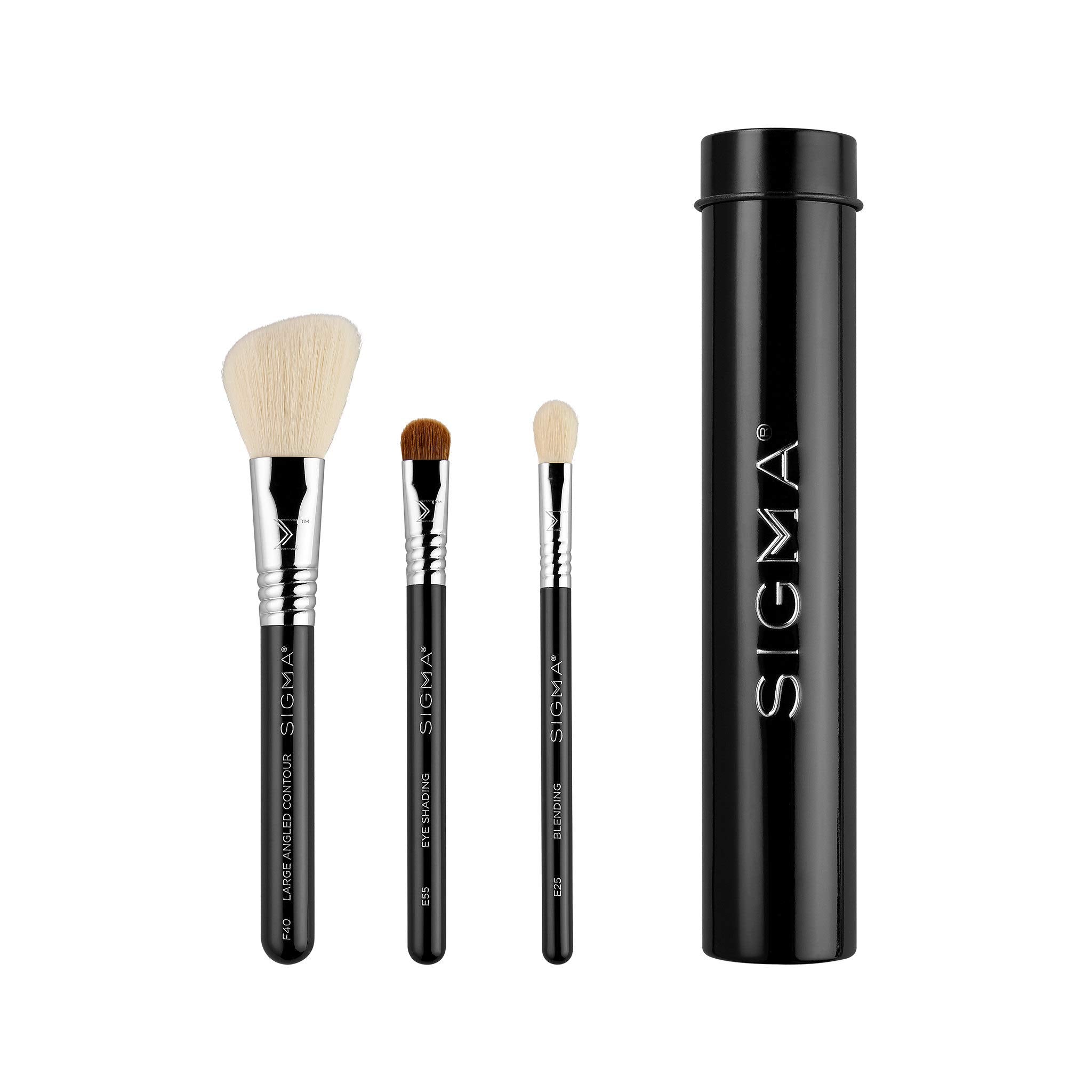 Sigma Beauty Travel Essential Trio Makeup Brush Set for Foundation Powder Eyeshadow, 3 Tool Brushes with Brush Tin Holder, Black