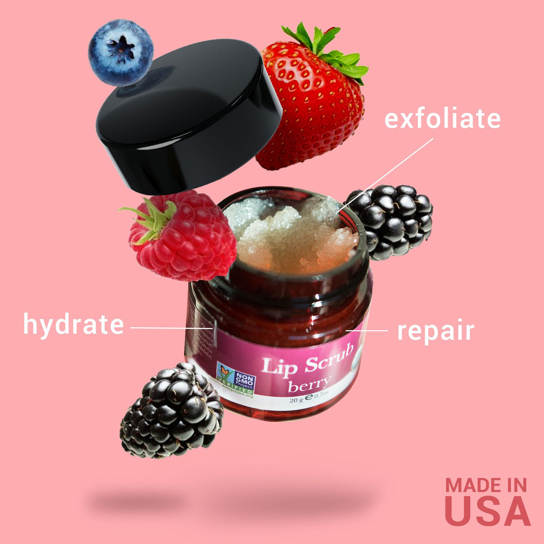 Lip Scrub, Berry Flavor - Organic Exfoliating Sugar Scrubs, Exfoliator for Chapped Dry Lips, Moisturizes With Fresh, Lush Natural Ingredients; Best Before Balm; for Men and Women (1 Container)