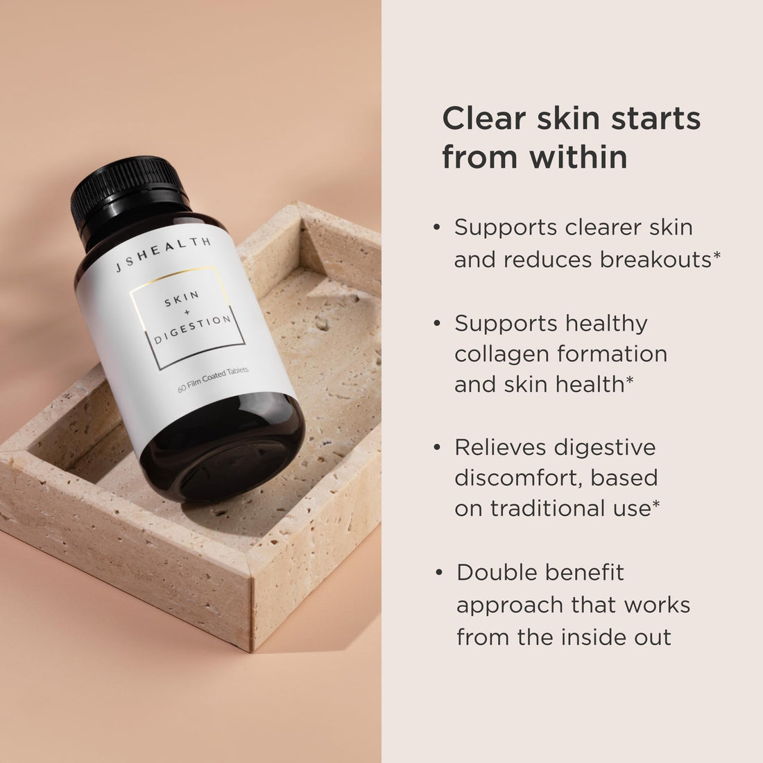 JSHealth Vitamins Skin and Digestion Formula | Skin Supplement with Zinc | Burdock Turmeric | Clear Healthy Skin | Acne Treatment for Teens and Adults | (60 Tablets)