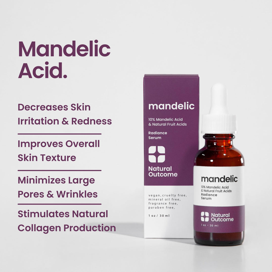 Mandelic Acid Serum 10% | Anti-Aging AHA Facial with Hyaluronic Acid | Targets Fine Lines, Dark Spots, and Wrinkles | Clarifies Acne and Stimulates Natural Collagen Production | 1 Oz Natural Outcome