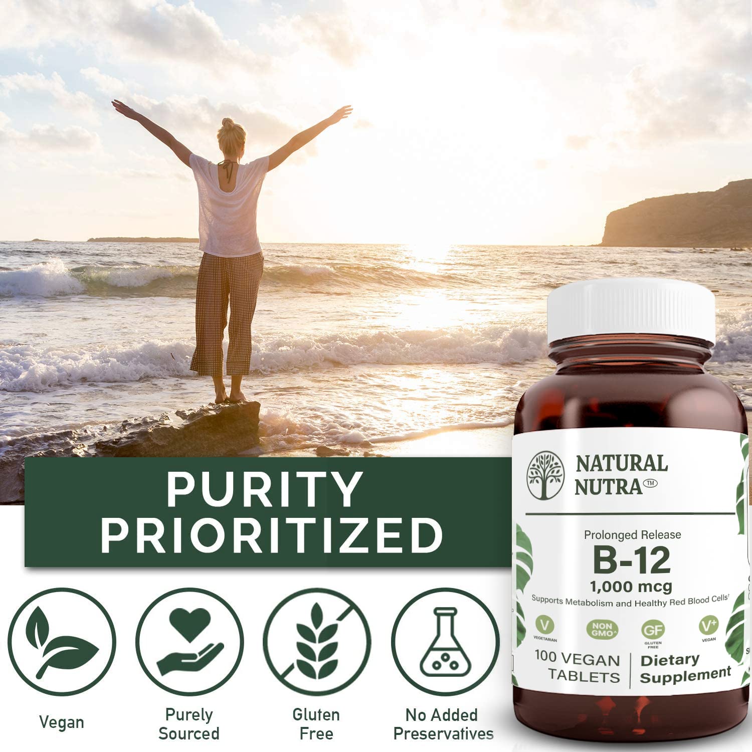 Natural Nutra Vegan Methyl B12 1000mcg, Heart Health and Energy Booster Supplement, Gluten Free, Support Energy Transformation, Enhance Immune Response, Help Brain Function, 100 Vegan Lozenges