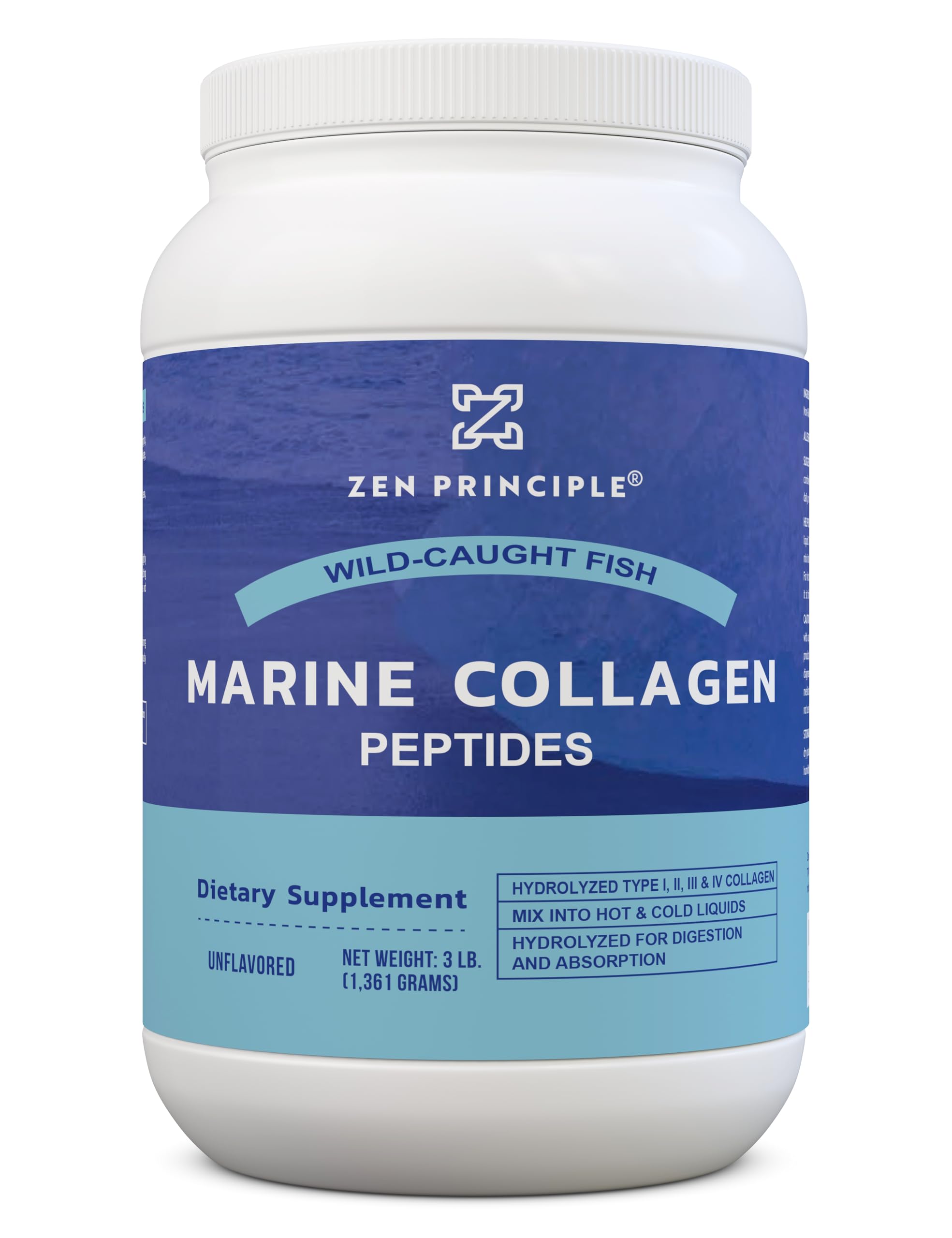 Zen Principle Marine Collagen Peptides Powder 3 lb. Wild-Caught Fish, Non-GMO. Supports Healthy Skin, Hair, Joints, and Bones. Hydrolyzed Type 1 & 3 Protein. Amino Acids, Unflavored, Easy to Mix.