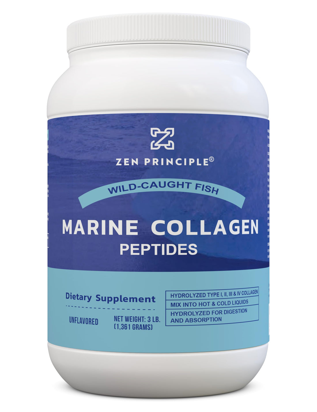 Zen Principle Marine Collagen Peptides Powder 3 lb. Wild-Caught Fish, Non-GMO. Supports Healthy Skin, Hair, Joints, and Bones. Hydrolyzed Type 1 & 3 Protein. Amino Acids, Unflavored, Easy to Mix.