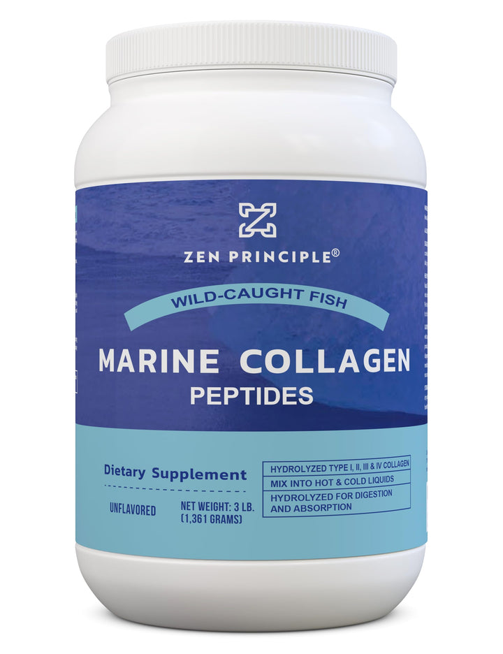 Zen Principle Marine Collagen Peptides Powder 3 lb. Wild-Caught Fish, Non-GMO. Supports Healthy Skin, Hair, Joints, and Bones. Hydrolyzed Type 1 & 3 Protein. Amino Acids, Unflavored, Easy to Mix.