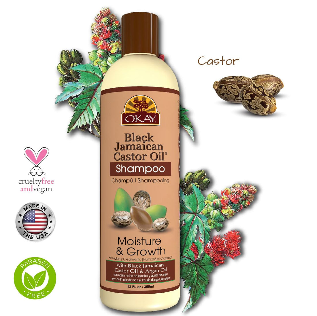 Okay Jamaican Castor Oil Moisture Growth Shampoo, Black, 12 Ounce