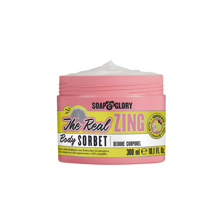 Soap & Glory The Real Zing Body Sorbet - Citrus Body Moisturizer & Hydrating, Sorbet-y Skin Cream - Radiance Boosting, AHA Exfoliating, Lightweight Body Cream for Refreshed Dry Skin (300ml)