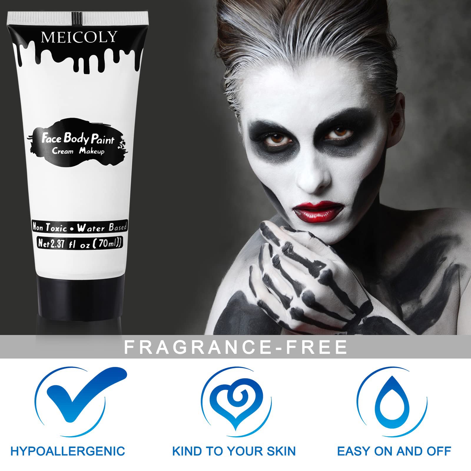 MEICOLY White Cream Face Body Paint,2.37Oz Large Tube Clown White Makeup,Water Based Full Body Paint for Adults and Kids,Halloween SFX Skull Joker Zombie Vampire Skeleton Goth Cosplay Mime Makeup