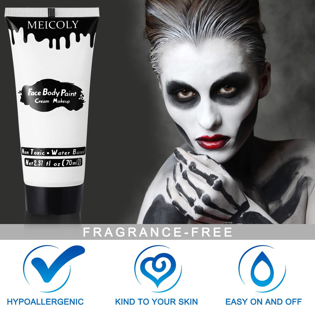 MEICOLY White Cream Face Body Paint,2.37Oz Large Tube Clown White Makeup,Water Based Full Body Paint for Adults and Kids,Halloween SFX Skull Joker Zombie Vampire Skeleton Goth Cosplay Mime Makeup