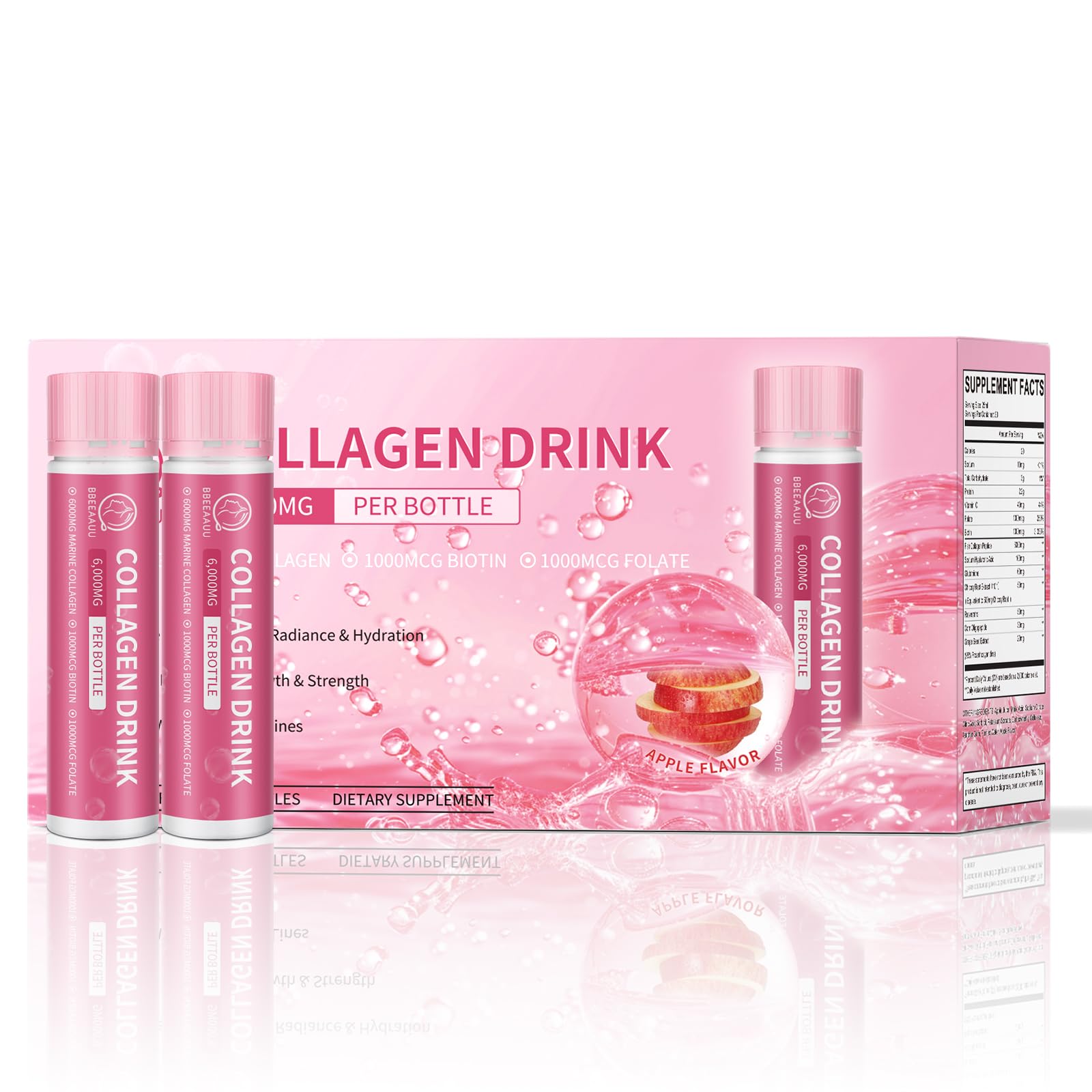 BBEEAAUU Collagen Drink with 6000 mg Marine Collagen Peptides, Liquid Collagen Shots for Women Support Beauty, Collagen Supplements for Skin, Hair and Nail Wellness (0.85 Fl Oz (Pack of 30), Apple)