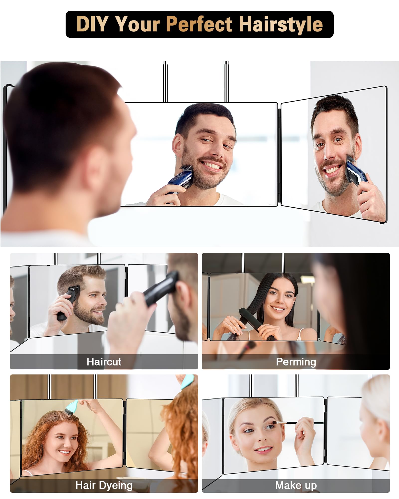 JUSRON 360 Viewing Angle Self Hair Cutting Mirror, Clear Anti-Fog HD Glass (Black Without LED Without Accessories)
