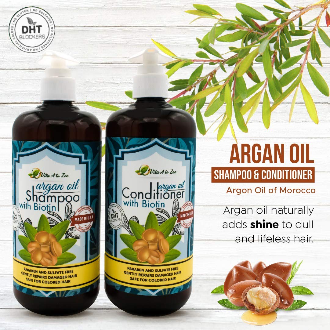 Vita A to Zee Moroccan Argan Oil Biotin Shampoo & Conditioner Set (2 x 16.9 Fl Oz) | Natural Hair Repair, Moisturization & Conditioning Treatment for Dry, Damaged Hair | DHT Blocker & Anti Hair Loss