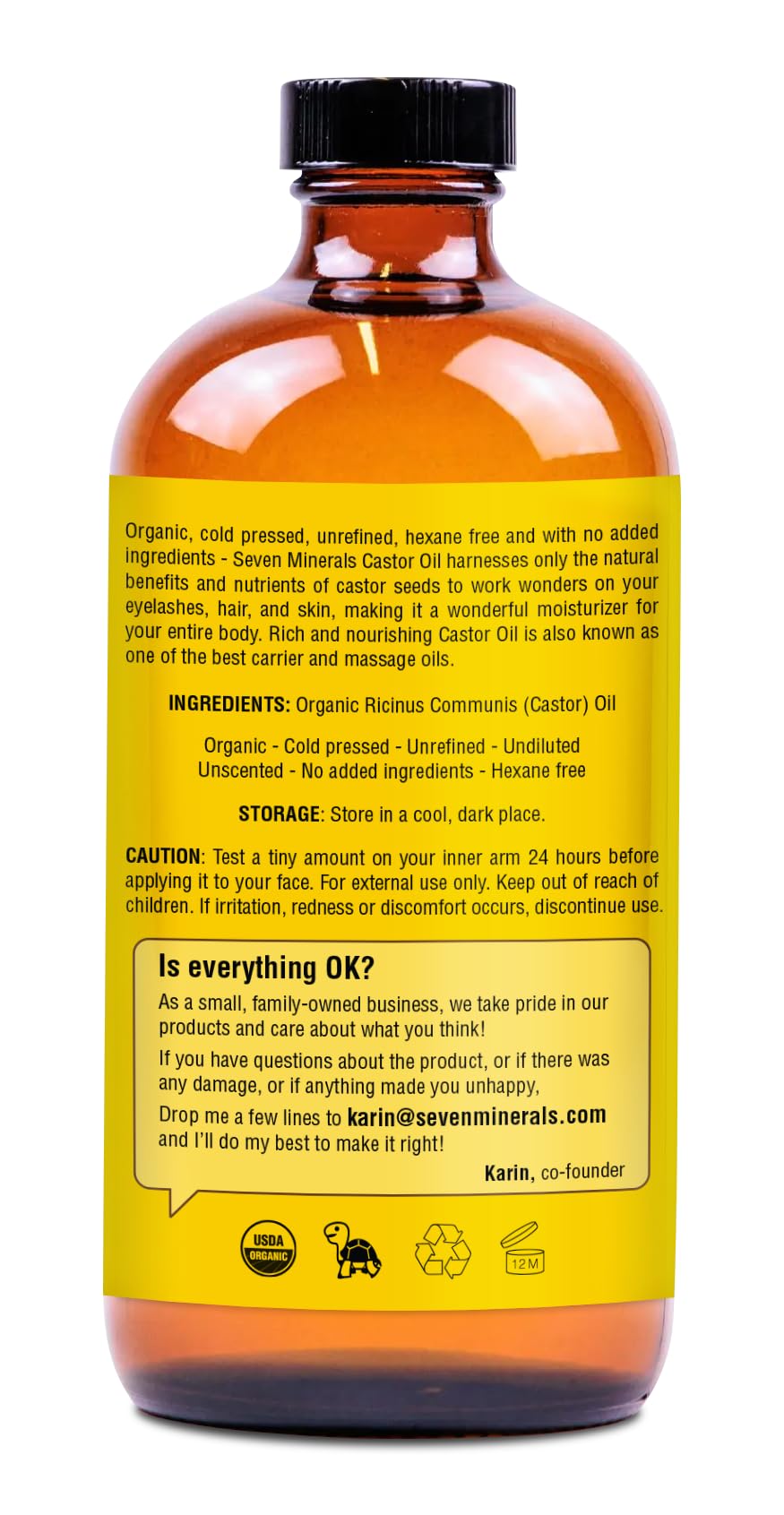 Seven Minerals New 16 fl oz Glass Bottle Castor Oil Organic Cold Pressed Unrefined Glass Bottle Pack - 100% Pure USDA Certified Organic Hexane Free